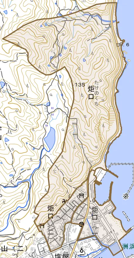 炬口とその周辺の地図。町の範囲を重ねている