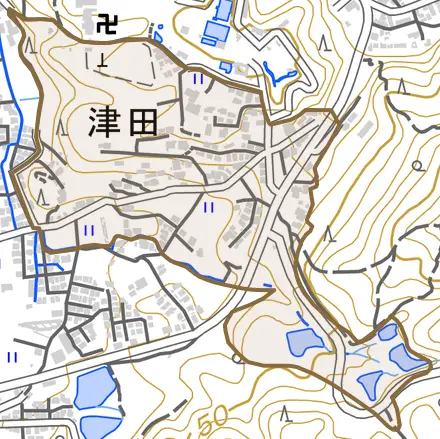 津田とその周辺の地図。町の範囲を重ねている