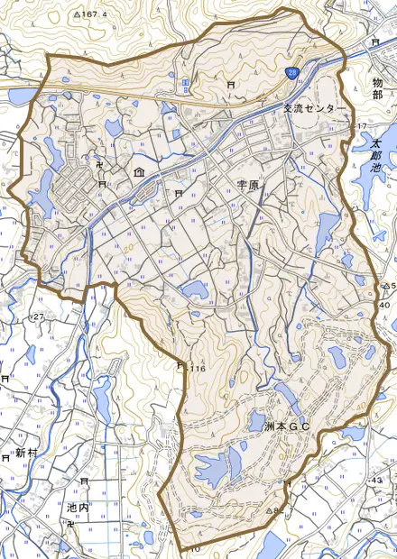 宇原とその周辺の地図。町の範囲を重ねている