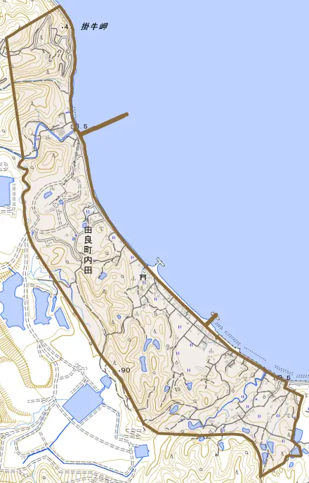 由良町内田とその周辺の地図。町の範囲を重ねている