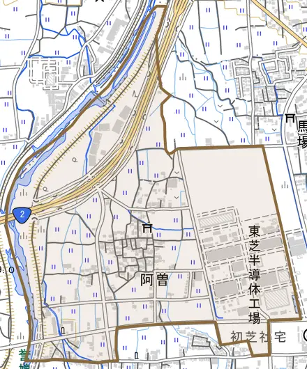 阿曽とその周辺の地図。町の範囲を重ねている