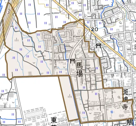 馬場とその周辺の地図。町の範囲を重ねている
