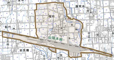 福地とその周辺の地図。町の範囲を重ねている