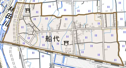 船代とその周辺の地図。町の範囲を重ねている