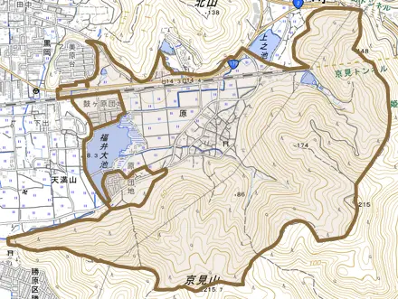 原とその周辺の地図。町の範囲を重ねている