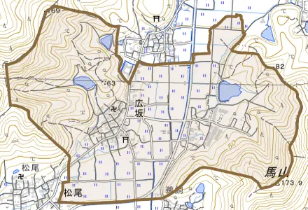広坂とその周辺の地図。町の範囲を重ねている