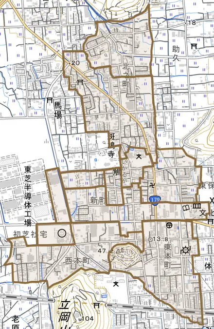 鵤とその周辺の地図。町の範囲を重ねている