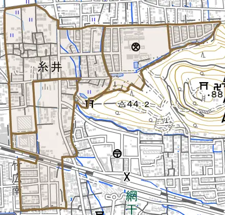 糸井とその周辺の地図。町の範囲を重ねている