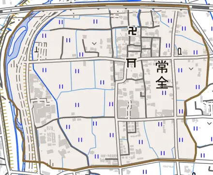 常全とその周辺の地図。町の範囲を重ねている
