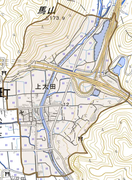 上太田とその周辺の地図。町の範囲を重ねている