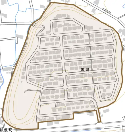 黒岡とその周辺の地図。町の範囲を重ねている