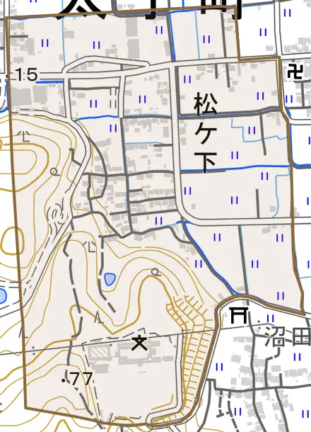 松ケ下とその周辺の地図。町の範囲を重ねている