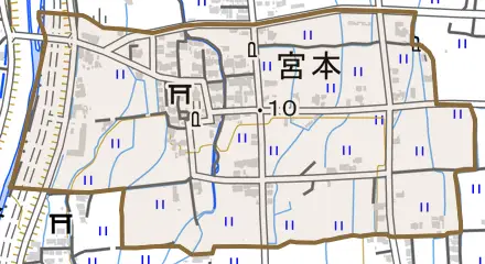 宮本とその周辺の地図。町の範囲を重ねている