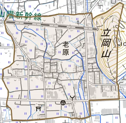 老原とその周辺の地図。町の範囲を重ねている