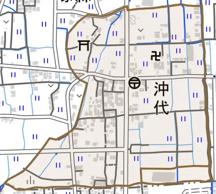 沖代とその周辺の地図。町の範囲を重ねている