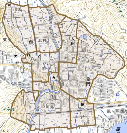 太田とその周辺の地図。町の範囲を重ねている