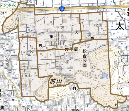 佐用岡とその周辺の地図。町の範囲を重ねている