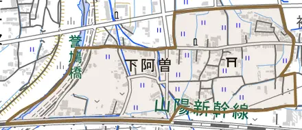 下阿曽とその周辺の地図。町の範囲を重ねている