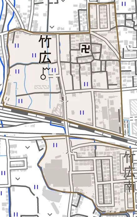 竹広とその周辺の地図。町の範囲を重ねている