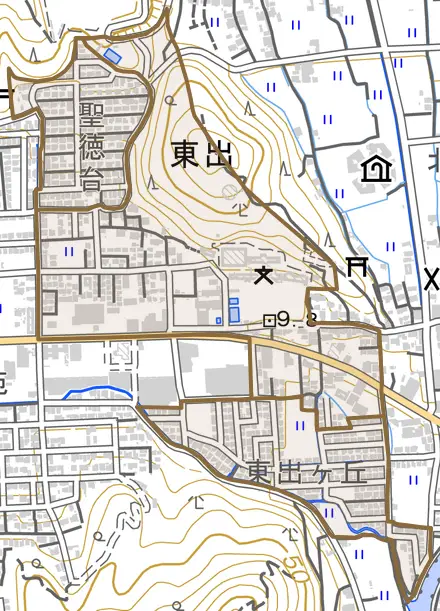 東出とその周辺の地図。町の範囲を重ねている