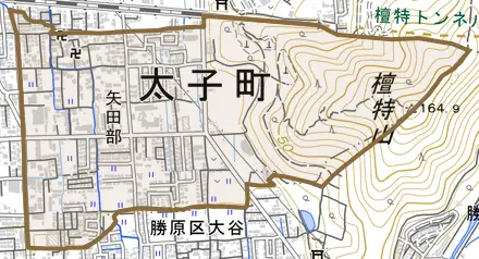 矢田部とその周辺の地図。町の範囲を重ねている