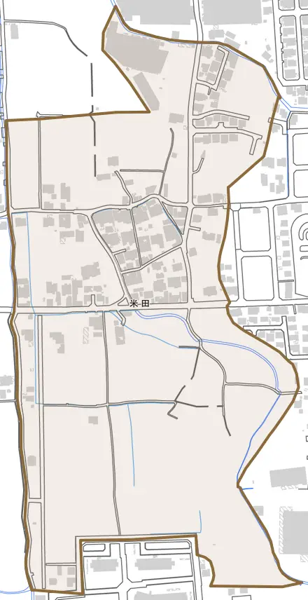 米田とその周辺の地図。町の範囲を重ねている