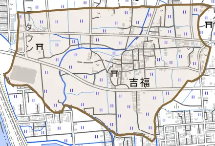 吉福とその周辺の地図。町の範囲を重ねている