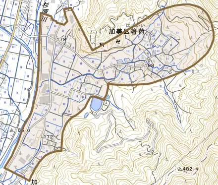 加美区箸荷とその周辺の地図。町の範囲を重ねている