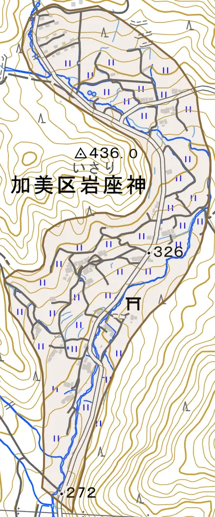 加美区岩座神とその周辺の地図。町の範囲を重ねている