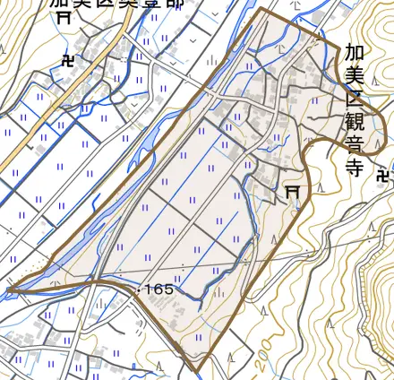 加美区観音寺とその周辺の地図。町の範囲を重ねている