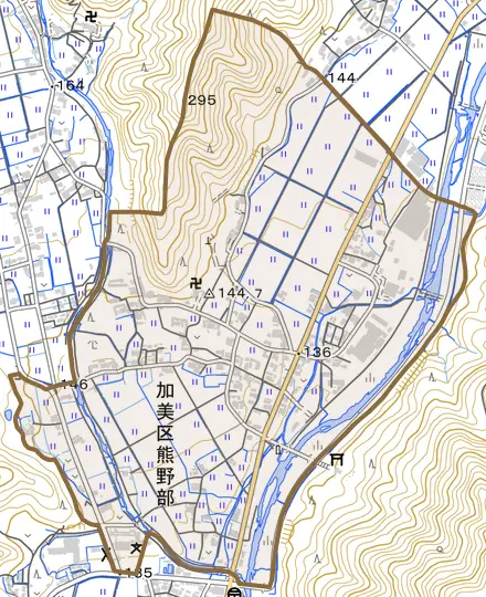 加美区熊野部とその周辺の地図。町の範囲を重ねている