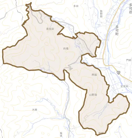 加美区的場とその周辺の地図。町の範囲を重ねている