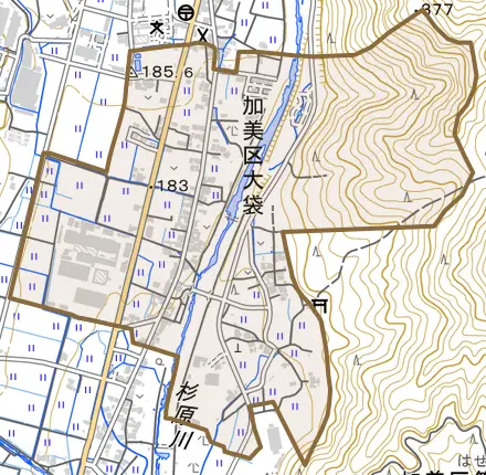 加美区大袋とその周辺の地図。町の範囲を重ねている