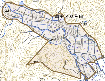 加美区奥荒田とその周辺の地図。町の範囲を重ねている