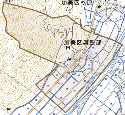 加美区奥豊部とその周辺の地図。町の範囲を重ねている