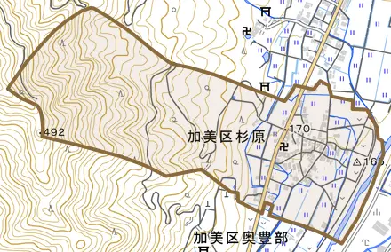 加美区杉原とその周辺の地図。町の範囲を重ねている