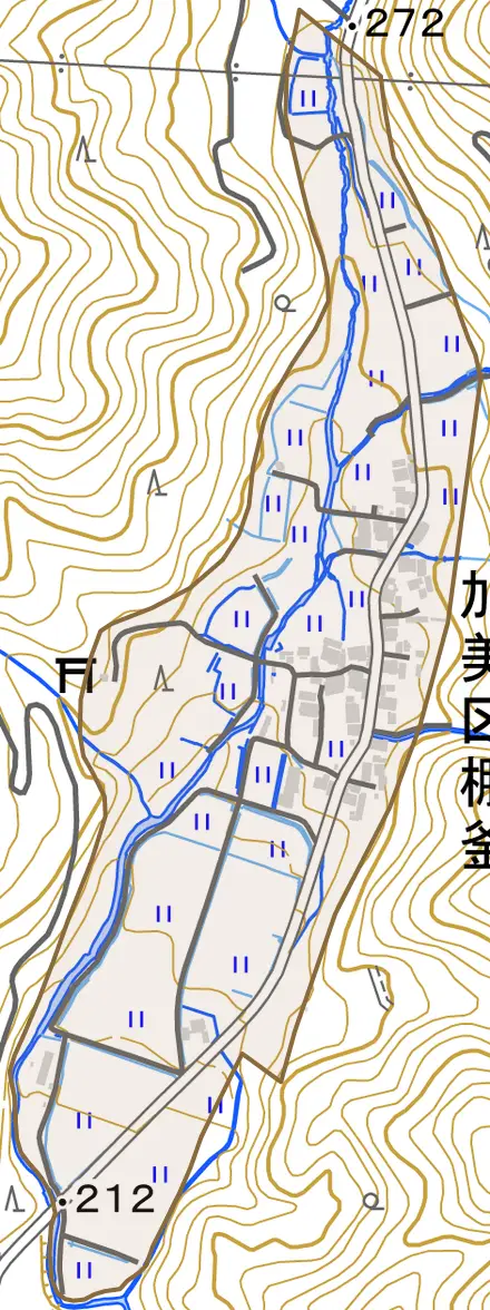 加美区棚釜とその周辺の地図。町の範囲を重ねている