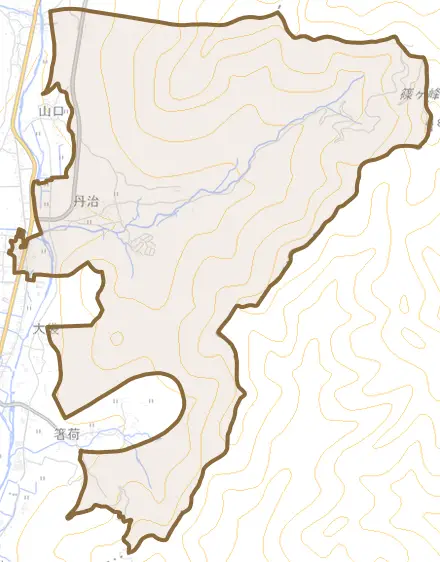 加美区丹治とその周辺の地図。町の範囲を重ねている