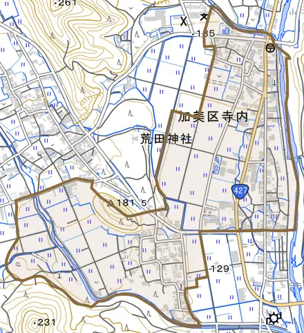 加美区寺内とその周辺の地図。町の範囲を重ねている