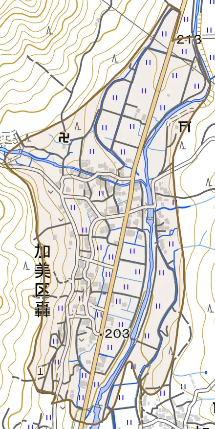 加美区轟とその周辺の地図。町の範囲を重ねている