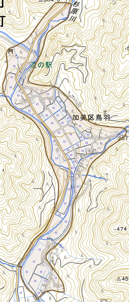 加美区鳥羽とその周辺の地図。町の範囲を重ねている