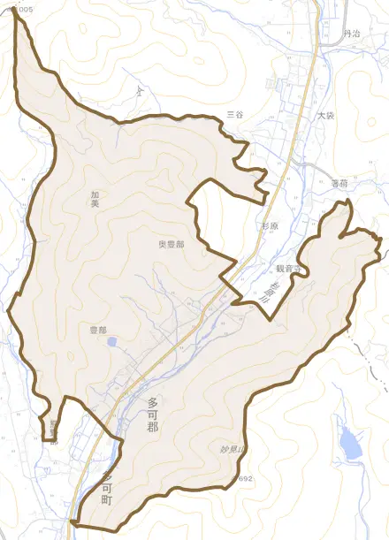 加美区豊部とその周辺の地図。町の範囲を重ねている