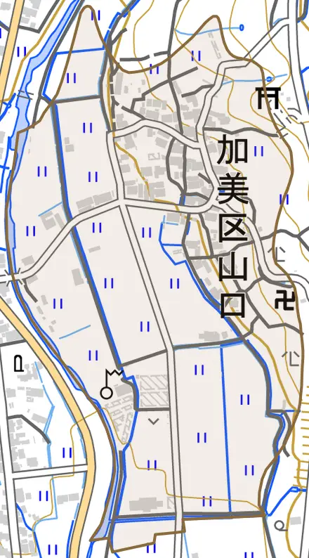 加美区山口とその周辺の地図。町の範囲を重ねている
