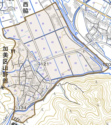 加美区山野部とその周辺の地図。町の範囲を重ねている