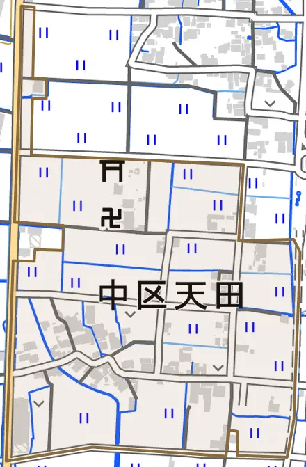 中区天田とその周辺の地図。町の範囲を重ねている