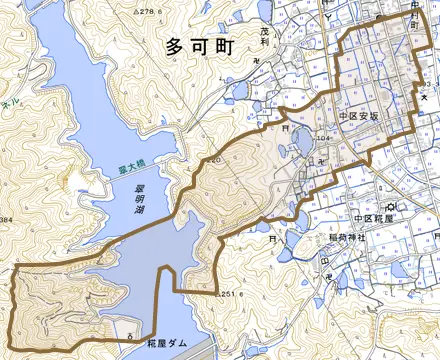 中区安坂とその周辺の地図。町の範囲を重ねている