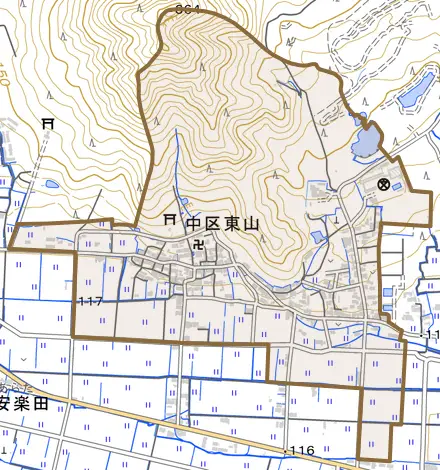 中区東山とその周辺の地図。町の範囲を重ねている