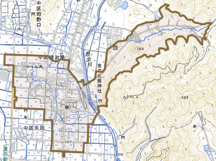 中区鍛冶屋とその周辺の地図。町の範囲を重ねている