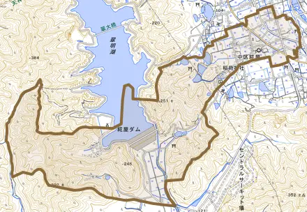 中区糀屋とその周辺の地図。町の範囲を重ねている