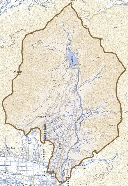 中区牧野とその周辺の地図。町の範囲を重ねている